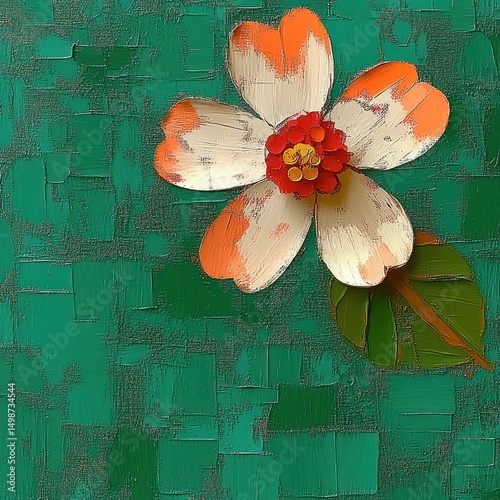 close-up of a painted flower with white and orange petals and red center against a textured green background