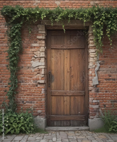 Rustic brick wall, weathered door, lush vines  Vintage scene , antique, outdoor, nature