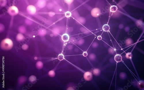 Abstract conceptual visualization of connected spheres and nodes linked by thin lines in a purple glowing network with a futuristic and scientific feel
