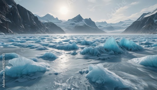 Glacier blue ice, frozen sea waves, frosted details,  glacier blue,  winter scene