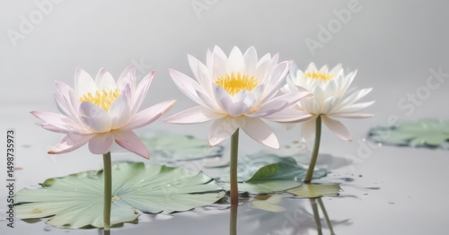 Delicate watercolor water lilies, soft pastel hues on white  , green, tranquil