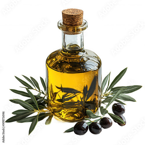 Bottle of Olive Oil with Olives and Leaves on Transparent Background photo