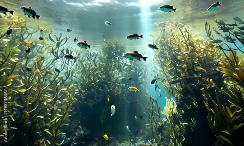 An underwater scene showcases sunlight penetrating the water, illuminating vibrant coral and sea plants with small fish
