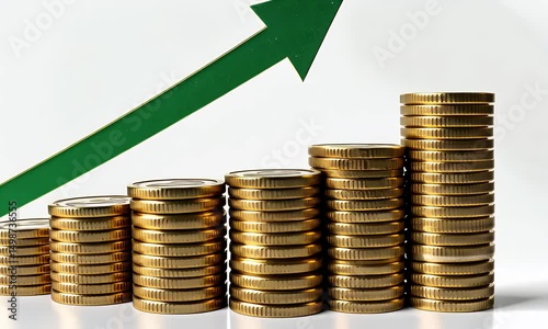 Ascending stacks of gold coins illustrating financial growth, depicted with a green arrow