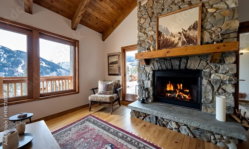 Cozy living room with stone fireplace, large windows offering mountain views, wooden floors, and a rustic feel