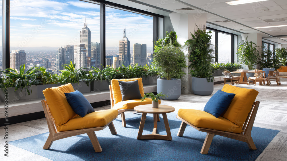 Obraz premium Modern office lounge with colorful seating and lush greenery, overlooking city skyline with tall buildings and blue sky, creating relaxing and vibrant workspace environment