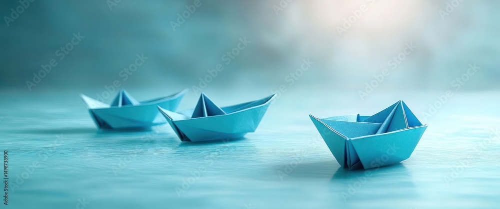 Three blue paper boats floating on a calm blue surface with a soft gradient background creating a peaceful and gentle atmosphere Three blue paper boats floating on a calm blue surface with a soft gradient background creating a peaceful and gentle atmosphere