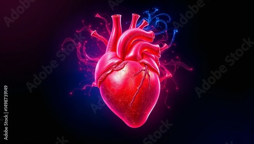 Abstract digital illustration of human heart glowing with vibrant red and blue energy, symbolizing love and emotion, dark background