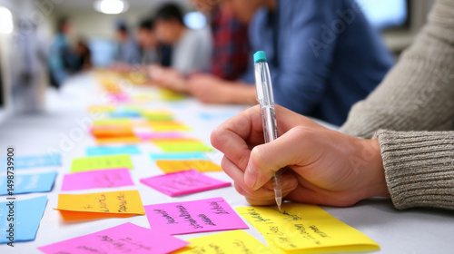 Person writing on yellow sticky note during group brainstorming session with colorful notes on table, showing teamwork and idea sharing in collaborative environment