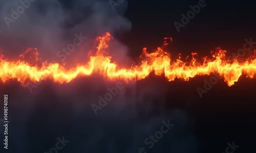 Fiery stream flows through dark smoky clouds, creating a dramatic, intense, and energetic visual