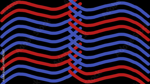 Abstract design of interwoven red and blue wavy lines on a black background, pattern design