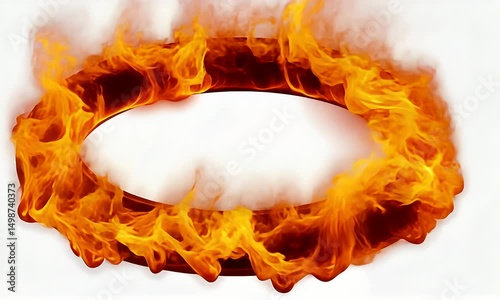 Fiery ring of flames encircling a white void against a stark white backdrop