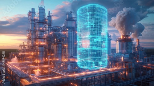 Wallpaper Mural Large industrial refinery complex at sunset with illuminated pipelines and a holographic digital blueprint of a cylindrical storage tank projecting over the facility Torontodigital.ca