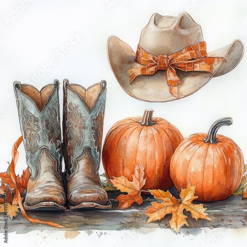 Rustic autumn still life featuring worn cowboy boots, a cowboy hat with a patterned orange scarf, two orange pumpkins, and scattered fall leaves on a wooden surface