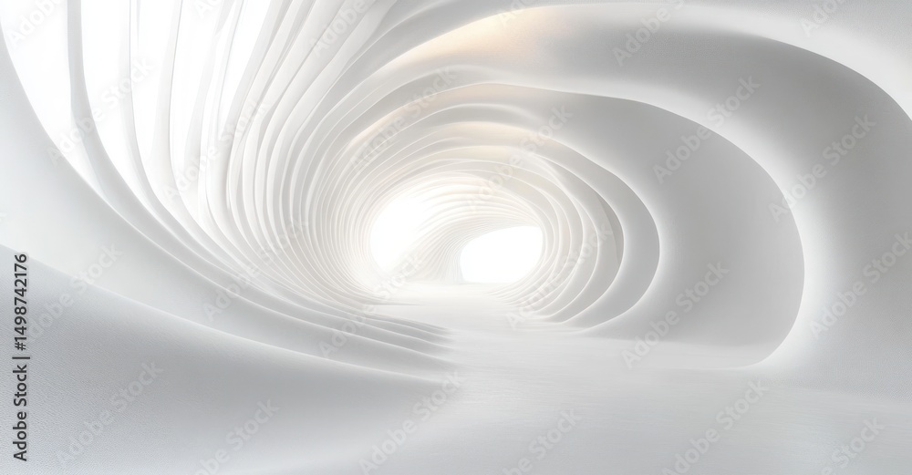 Fototapeta premium Bright white futuristic tunnel with smooth, flowing, curved layered walls creating a sense of depth and infinite space