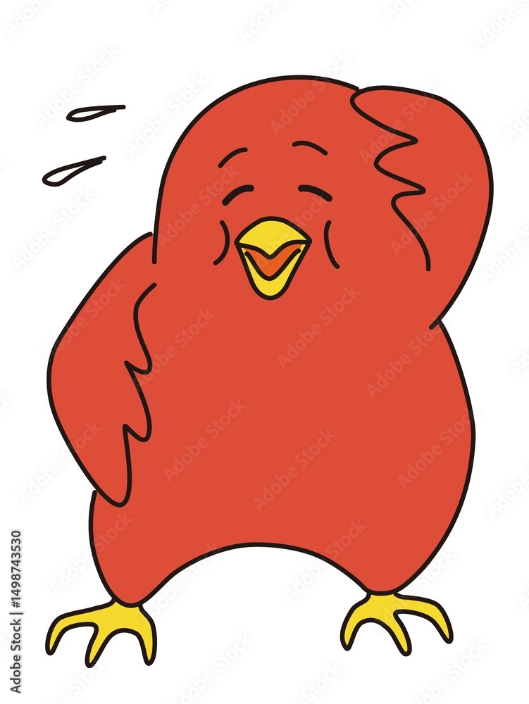 Obraz premium バツが悪そうに頭をかく赤い鳥のキャラクターイラスト