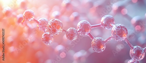 Close-up view of a translucent molecular structure with interconnected spheres glowing with soft pink and orange hues, creating a delicate and scientific ambiance