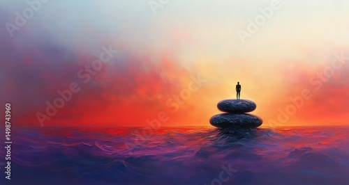 A lone person stands on two large stacked rocks in the middle of a calm ocean at sunset with vivid red, orange, and purple sky creating a serene and contemplative mood