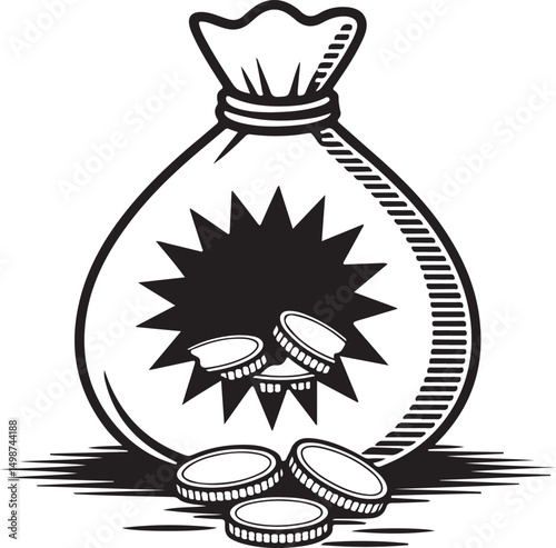 Black and white illustration of a money bag and coins