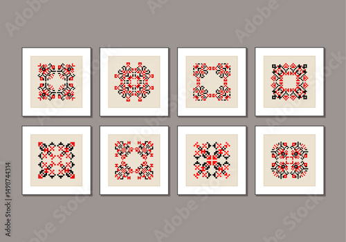 Set of traditional Ukrainian folk knitted embroidery ethnic mandala ornament vyshyvanka