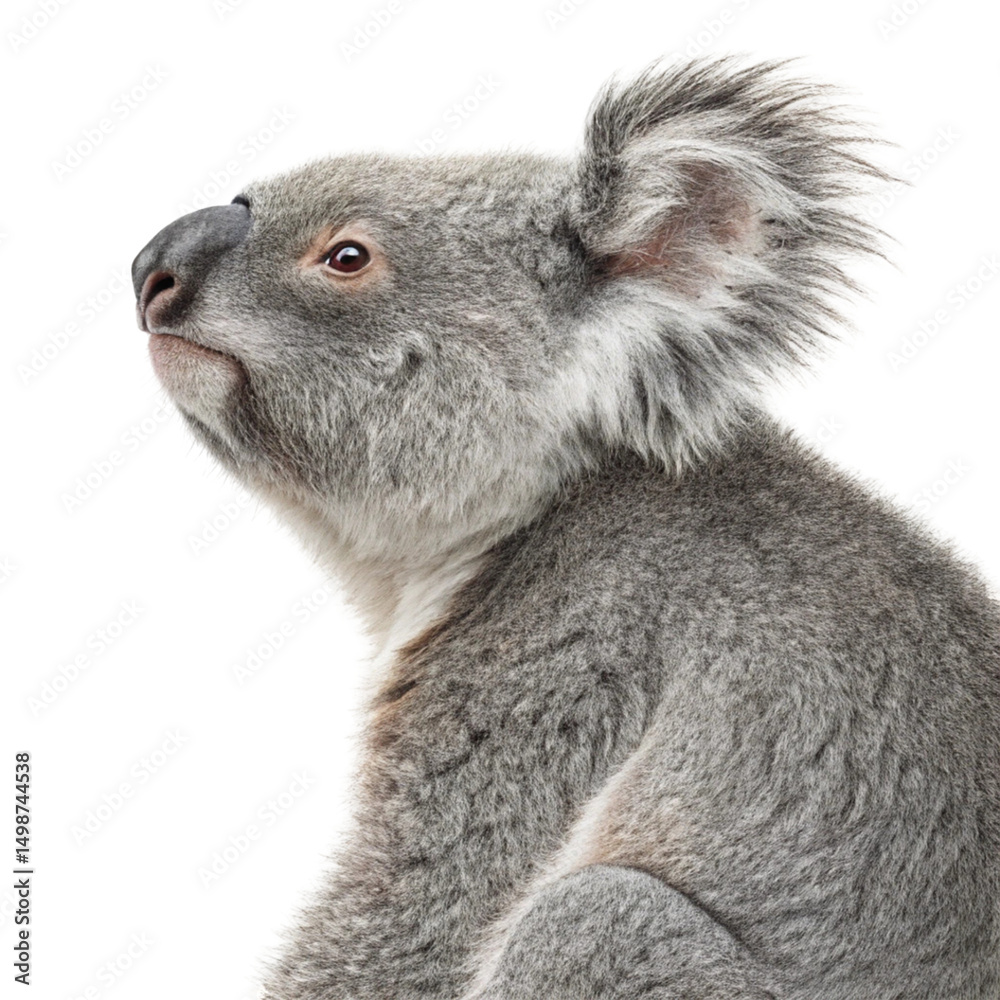 Fototapeta premium Cute furry Australian koala bear on a eucalyptus branch, isolated on white