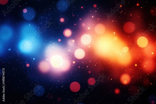 Abstract background with glowing bokeh lights in warm orange and cool blue tones creating a vibrant and dreamy atmosphere