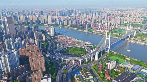 4k real time Aerial view of NanPu Bridge and Huangpu river on sunny day, Shoot with 4k resolution.