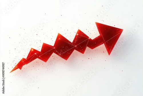 Red zigzag arrow pointing upwards depicting growth or progress with connecting lines and glowing light effects on a white background