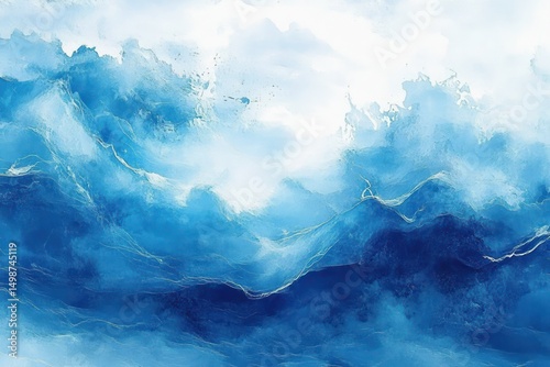 Abstract blue and white textured waves resembling ocean or sky with fluid, dynamic movement and soft blending of colors creating a serene and calming atmosphere