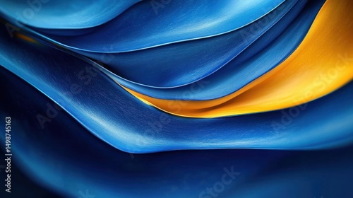 Abstract smooth flowing blue and yellow fabric-like waves creating a sense of depth and motion with soft lighting