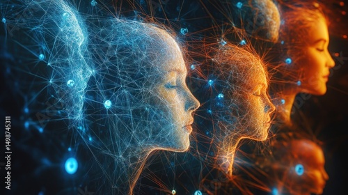 Futuristic visualization of connected human faces made of glowing neural network wires in blue and orange tones showing growth or evolution