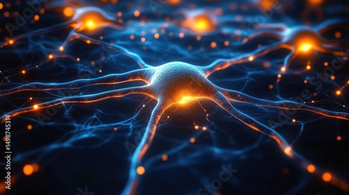 Close-up view of glowing neural cells with interconnected branches illuminated by bright orange and blue lights symbolizing brain activity and communication