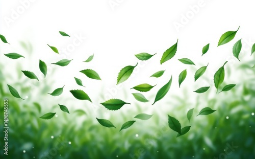 Numerous green leaves gently floating and swirling in the air over a blurred green background evoking a fresh and tranquil natural atmosphere