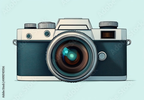 Detailed close-up of a vintage-style camera with a large lens and metallic body set against a light background