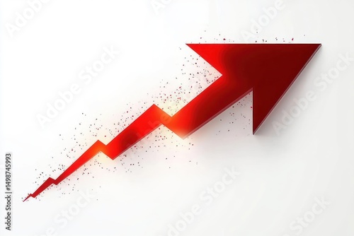 bright red jagged arrow pointing upward symbolizing growth and progress on a white background with scatter effect