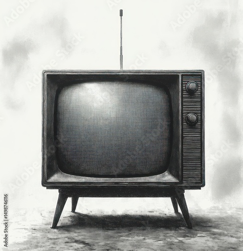 Black and white image of a vintage television set with antennas on top, two control knobs on the right side, standing on four angled legs on a textured surface with a plain background