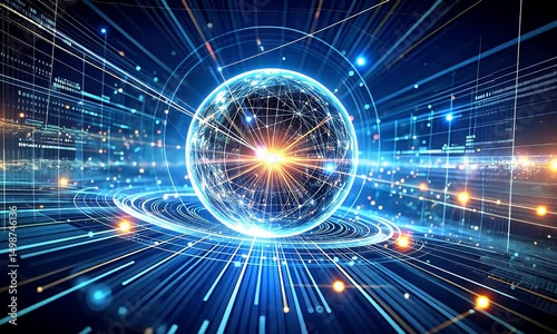 Glowing orb at center of network of lines and data streams