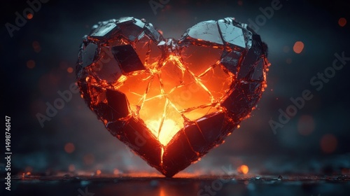 A glowing molten heart cracked with dark fragmented shards emitting fiery light on a dark, blurred background conveying intensity and fragility