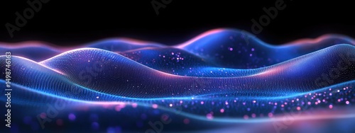 Abstract glowing blue and purple wave-like patterns creating an illusion of a digital landscape with sparkling particles on a dark background