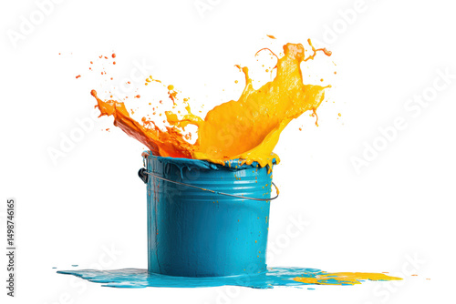 Vibrant orange and yellow paint splashing from blue bucket, cut out