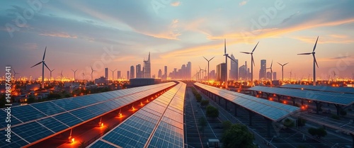 Smart grid infrastructure with solar panels and wind turbines in a futuristic cityscape, energy efficiency, innovation