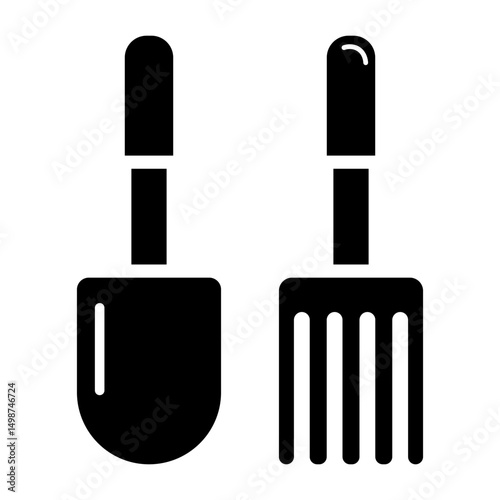 Rake and Shovel Garden Tool Fill Icon. Black and White Shovel Symbol