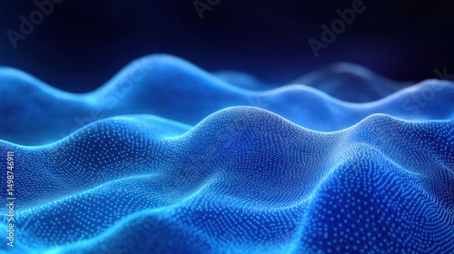 Abstract flowing blue digital wave pattern with glowing grid dots creating a smooth and futuristic landscape effect