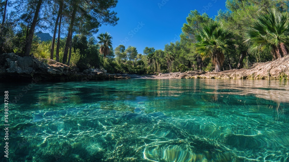 Obraz premium Clear turquoise water in a tropical forest paradise on a sunny day. Perfect for travel brochures or promoting ecological awareness.