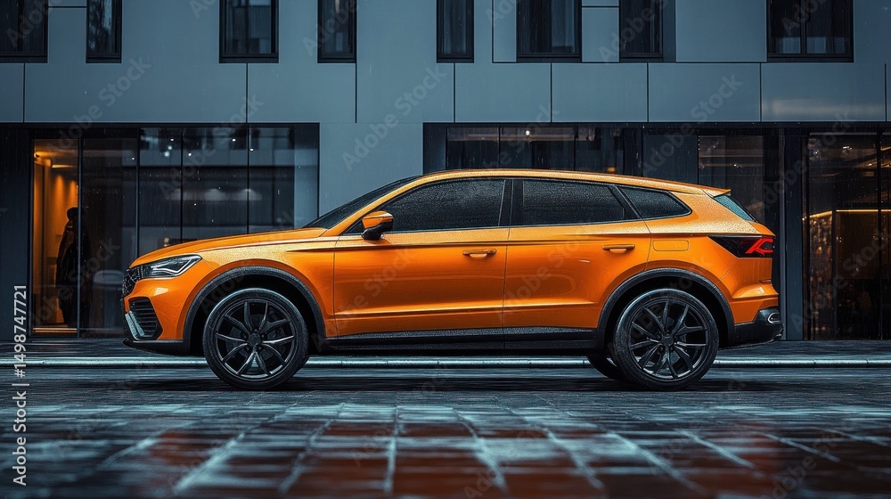 Obraz premium Sleek orange modern SUV parked on wet city street in front of reflective glass building at night