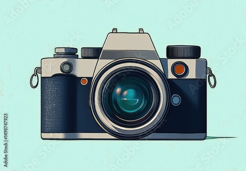 Close-up illustration of a vintage single-lens reflex camera with large lens and control dials on a light blue background