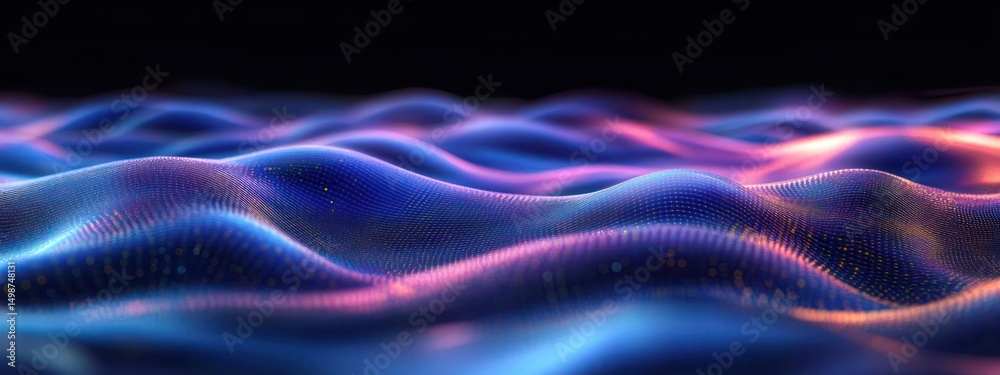 Obraz premium Smooth undulating waves composed of glowing vibrant blue and purple light patterns creating a flowing digital landscape with warm light reflections