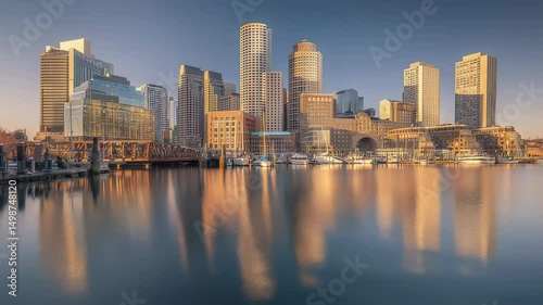Boston downtown financial district skyline with modern skyscrapers and historic architecture under clear blue sky