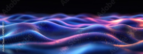 Smooth undulating waves composed of glowing vibrant blue and purple light patterns creating a flowing digital landscape with warm light reflections