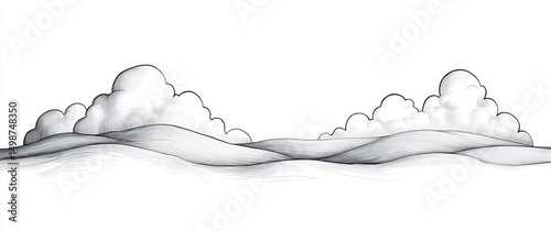 black and white hand-drawn landscape with rolling hills and fluffy clouds under a clear sky
